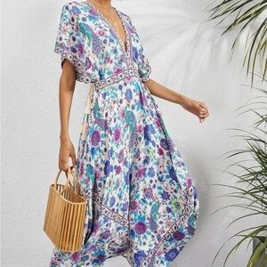 Summer Deep V Neck Cotton Beach Dress